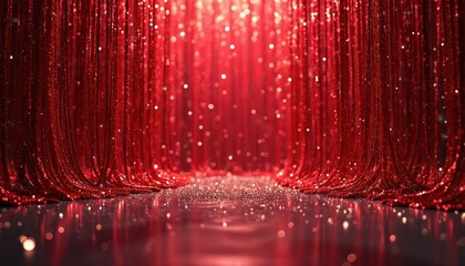 Obraz premium Shiny red sequined curtains hang and sparkle. Glitter spills onto the polished floor, creating a glamorous stage entrance. Lights twinkle like stars, inviting entry to a dazzling event.
