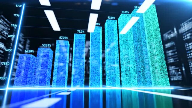 Bar chart growth visualization rising on futuristic analytics dashboard, glowing columns display financial performance data in digital monitoring environment, strategic business metrics, progress