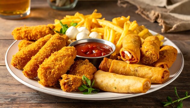 A platter of crispy fried food with dipping sauce