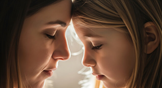 Mother and daughter bonding moment warm soft light emotional connection family love