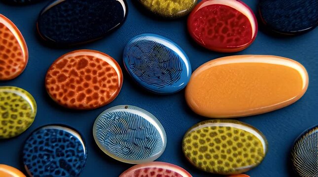A collection of polished oval objects with varying textures and colors, some featuring intricate fingerprint patterns against a deep blue backdrop