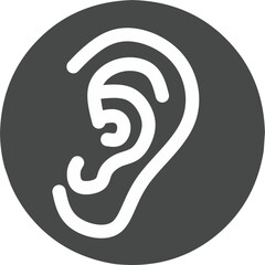 Minimalist Human Ear Icon for Hearing and Auditory on black circle.