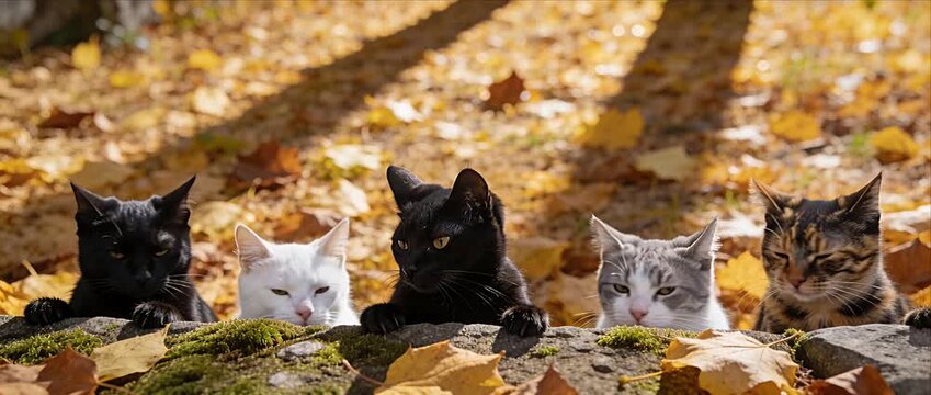 Cute cat and kitten minimal background autumn foliage scene with playful feline group on stone wall and yellow leaf ground in warm outdoor sunlight creating cozy seasonal wildlife mood