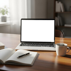 Laptop with blank screen on desk with notebook and coffee, home office