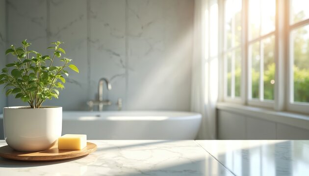 Sunlight streams into modern bathroom with marble countertop. Potted plant, soap bar on wooden tray near bathtub. Bright, clean, spa like space.