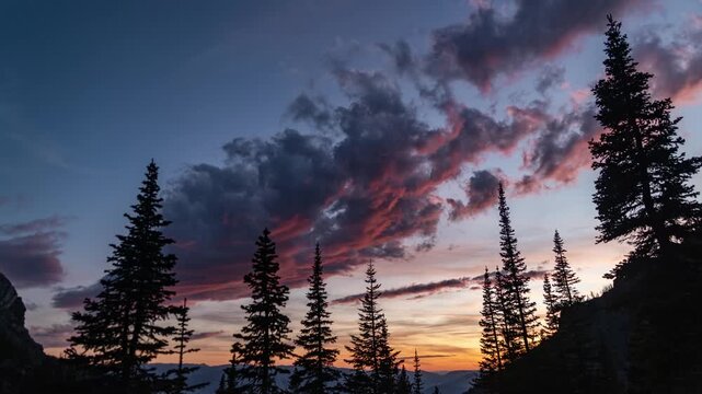 Colorful sunset clouds drifting behind silhouetted fir trees on a mountain ridge, Pine Creek Lake, Montana, time lapse