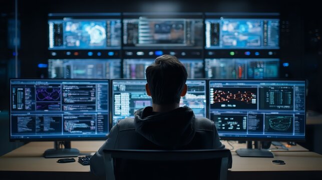 A person working on multiple computer monitors in a tech-filled room