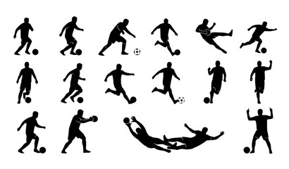 : Soccer silhouettes vector pack with football players running shooting passing defending and goalkeeper poses © Taijul