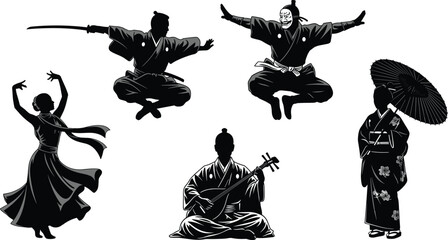 Japanese culture silhouettes, samurai warriors, traditional dance, kimono parasol figure, shamisen musician, martial arts action, heritage vector illustration, cultural design concept © Ponkaj Creatives