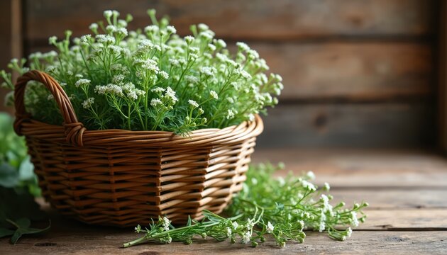 Woven basket holds fresh woodruff herbs. Small white flowers and green leaves fill rustic container. Natural ingredients for tea or cooking.