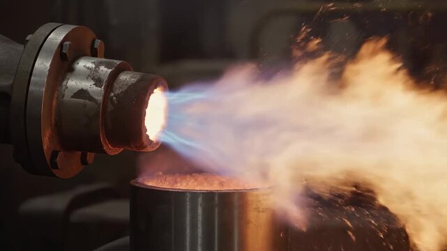 Industrial welding process with intense flame and sparks.