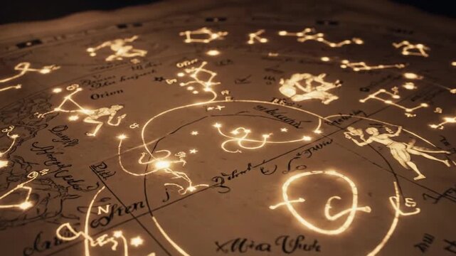 An illuminated ancient star chart displaying constellations and celestial bodies in a detailed astronomical map viewed from above