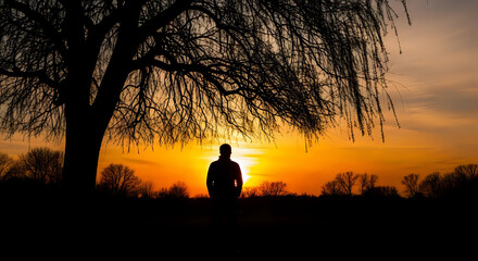 A man stands under a tree at sunset, enjoying the peaceful evening atmosphere. © Itshamza