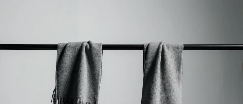 Hanging Scarf Display. Soccer/Football Merchandise Mockup (No Brand, No Logo). Product Mockup. A plain football scarf draped symmetrically over a horizontal bar, set in a neutral studio background
