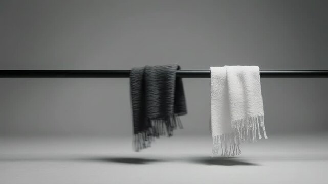 Hanging Scarf Display. Soccer/Football Merchandise Mockup (No Brand, No Logo). Product Mockup. A plain football scarf draped symmetrically over a horizontal bar, set in a neutral studio background
