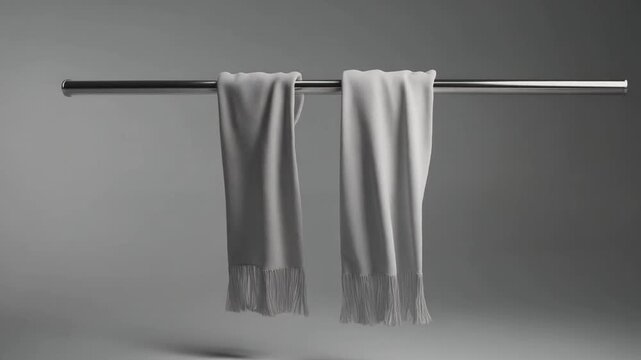 Hanging Scarf Display. Soccer/Football Merchandise Mockup (No Brand, No Logo). Product Mockup. A plain football scarf draped symmetrically over a horizontal bar, set in a neutral studio background
