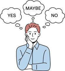 Man thinking with yes maybe no options, decision making concept illustration showing doubt choice and problem solving