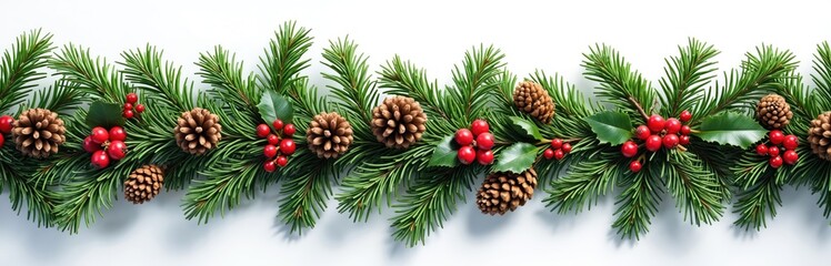 Fototapeta premium Christmas fir branch garland with pine cones and red berries on white background. Festive border for holiday cards, winter decorations and New Year celebrations.