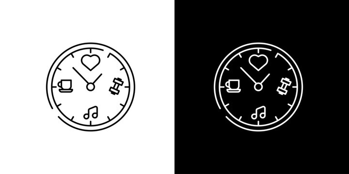 Conceptual outline icon illustrating personal time management and a balanced daily routine, featuring a clock with work, wellness, and leisure activity symbols