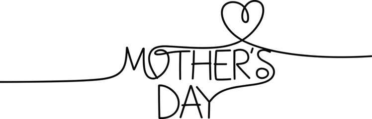 Mothers Day line art typography with heart outline, minimalist greeting lettering design isolated celebration message for holiday card © Ponkaj Creatives