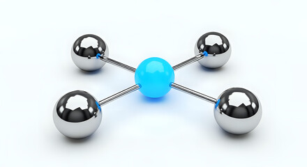 Fototapeta premium A 3D model of a molecule with a central blue atom and four surrounding silver atoms connected by rods.