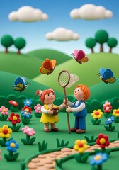 Obraz premium Playful children interact with colorful flying insects in a vibrant outdoor setting crafted from modeling material