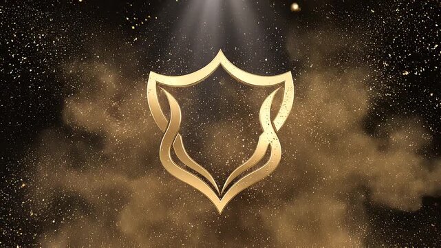 Luxury gold particles forming elegant logo placeholder, dark black background, cinematic spotlight from above, slow motion golden dust explosion, symmetrical composition, ultra premium style, realisti