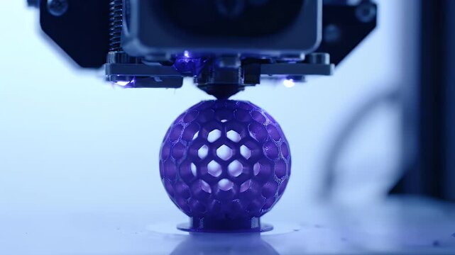 Printing Purple Honeycomb Ball with 3D Printer Against White Background and Blue Lighting Close Up