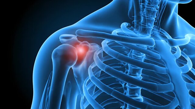 Shoulder Joint Pain Highlighted in Blue X-Ray on Black Background Anatomical Visual for Medical