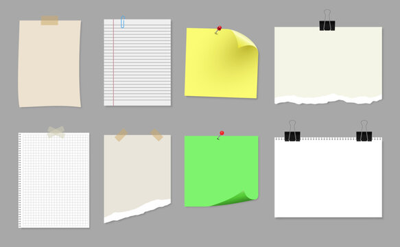 Realistic paper notes and sticky notes collection with clips pins and tape on gray background