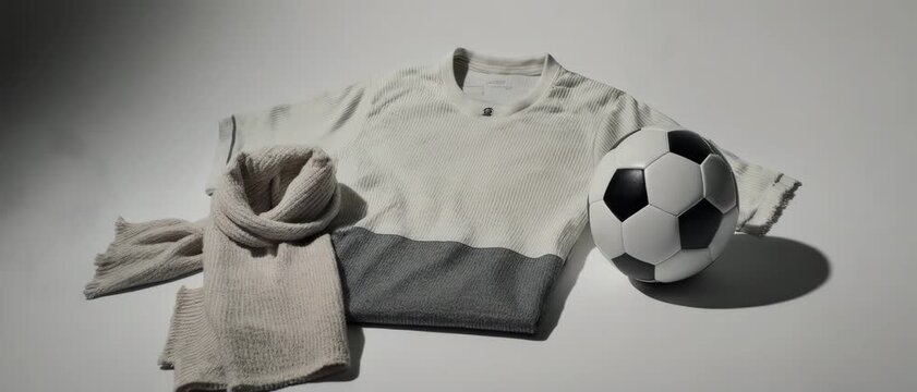 Merchandise Trio Setup. Soccer/Football Merchandise Mockup (No Brand, No Logo). Product Mockup. A plain jersey, scarf, and football arranged neatly together, set in a clean studio background
