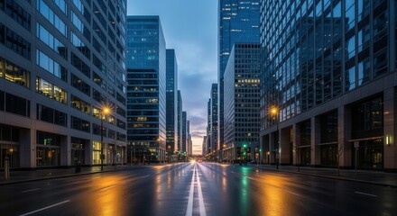 Fototapeta premium A city street lined with modern skyscrapers at dusk with wet pavement reflecting streetlights.