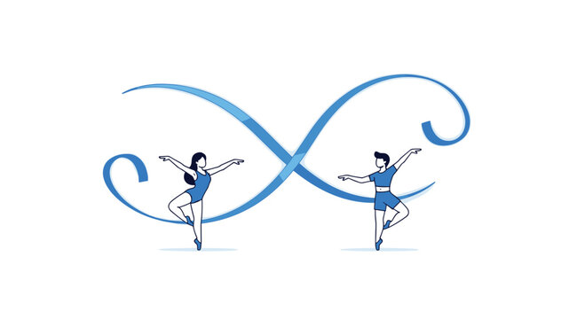 Two illustrated ballet dancers in blue outfits perform poses in front of a large flowing blue ribbon infinity symbol.