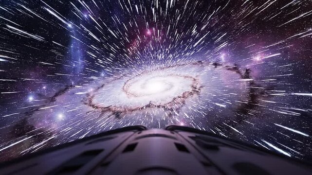 Flying through a swirling galaxy hyperspace tunnel, spiral star fields stretching into glowing light trails, cosmic dust particles streaming past the camera, dramatic warp speed acceleration like a sp