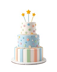 Colorful Three-Tier Birthday Cake with Star Decorations