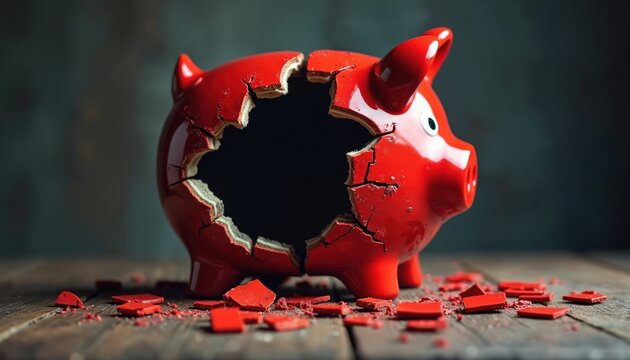 Broken red piggy bank lies on wooden table with scattered pieces. Symbolizes financial trouble lack of savings and economic crisis. Represents money problems debt.