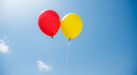 Fototapeta premium red and yellow party balloons gently floating in a clear blue sky on a sunny day symbolizing joy and childhood celebration.