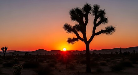Silhouetted desert flora stands against a vivid orange and purple sunset