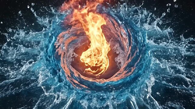 A visually striking abstract animation featuring a powerful flame emanating from the center of a dynamic water vortex. Bright orange and yellow fire vigorously dances upwards, contrasting sharply with