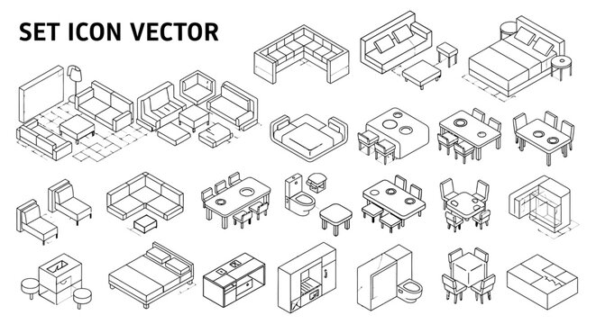 isometric furniture icons set featuring detailed line art of modern home furnishings for interior design and architectural planning