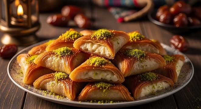 golden cream-filled qatayef pastries with pistachios a traditional middle eastern ramadan dessert on a wooden table.