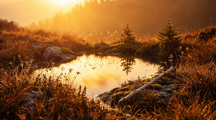 Fototapeta premium Tranquil mountain puddle reflects golden morning mist, creating a serene and atmospheric woodland landscape photograph.
