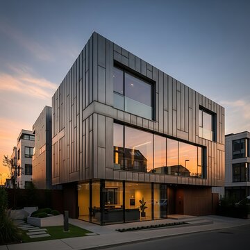 Modern residential building with metal facade and large windows at sunset