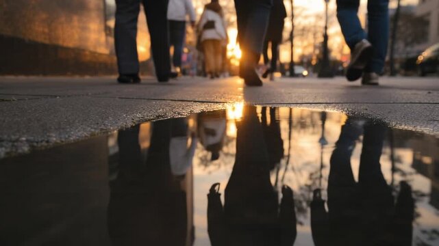 A golden sunset reflecting in a puddle on a sidewalk as pedestrians walk past