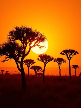 Sun-drenched savanna, acacia silhouettes etched against a sky of bruised amber, dust devils dance,  texture,  twilight
