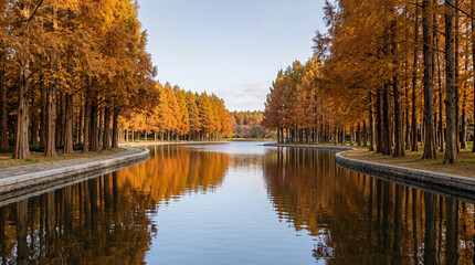 Naklejka premium A wide-angle photograph capturing a winding canal bordered by majestic autumn trees.