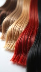 Naklejka premium Color samples of hair strands laid out in a row. Includes brown, blonde, red, and black shades. Shows hair dye options and beauty salon selection variety.
