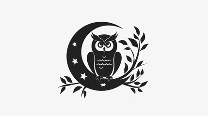 Obraz premium Owl silhouette perched on crescent moon with stars and foliage vector illustration