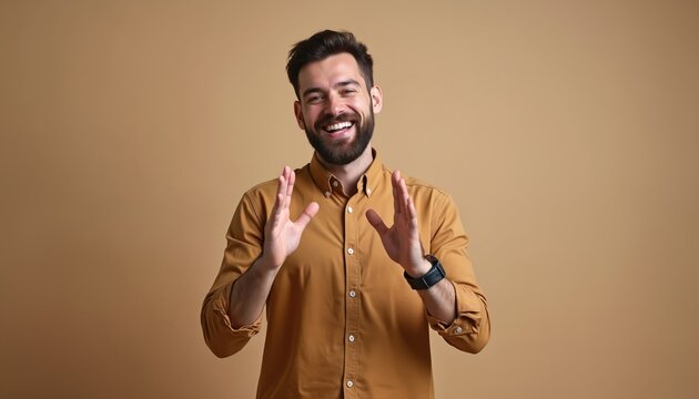 Bearded man in tan shirt gestures actively. He smiles broadly looking at camera, talking and explaining something. Indoor studio shot, neutral background.