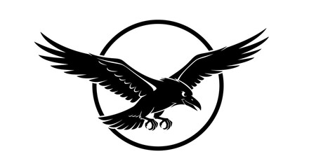 Obraz premium Black raven silhouette with outstretched wings inside a circular frame on white